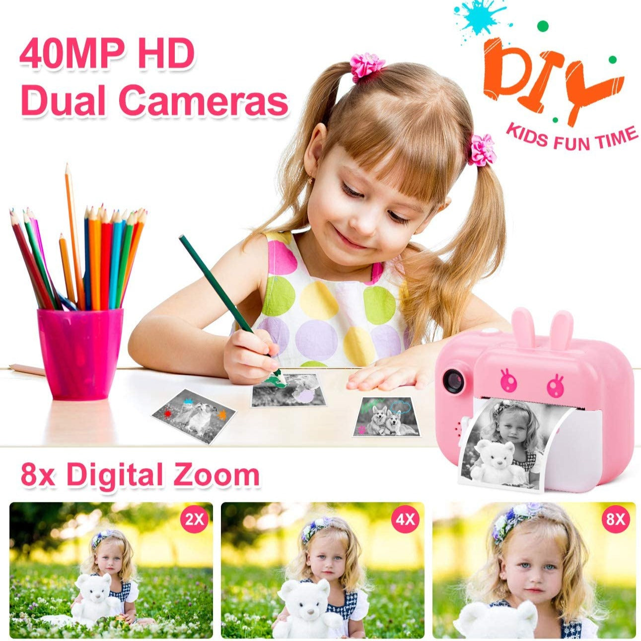 Instant Camera toys for 10 year olds  with Print Paper, 40MP Video Selfie Camcorder with 2.4 Inch Screen and 32GB TF Card (Pink)