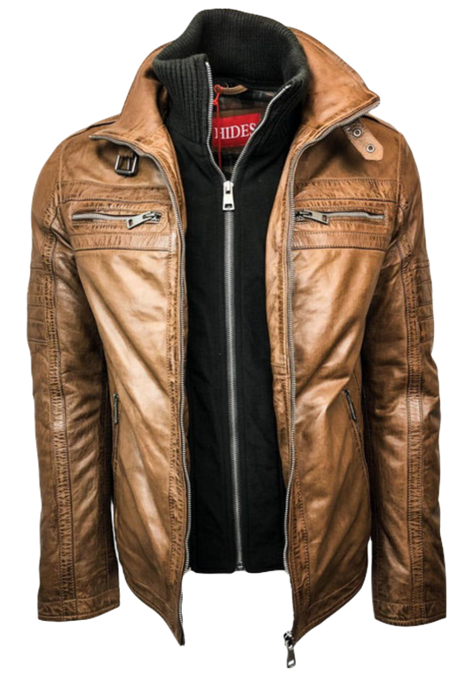 Leather Jacket Coat For Men Winter Bomber with Removable Wind Blocker Collar
